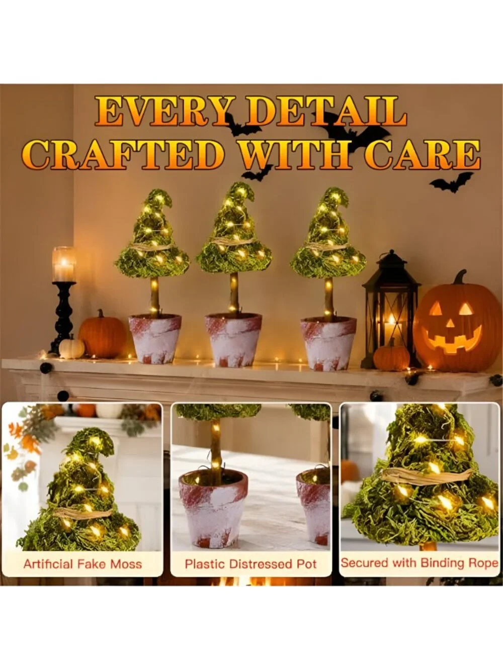 3 Pcs Halloween Witch Hat Topiary Plant Decor with LED Lights